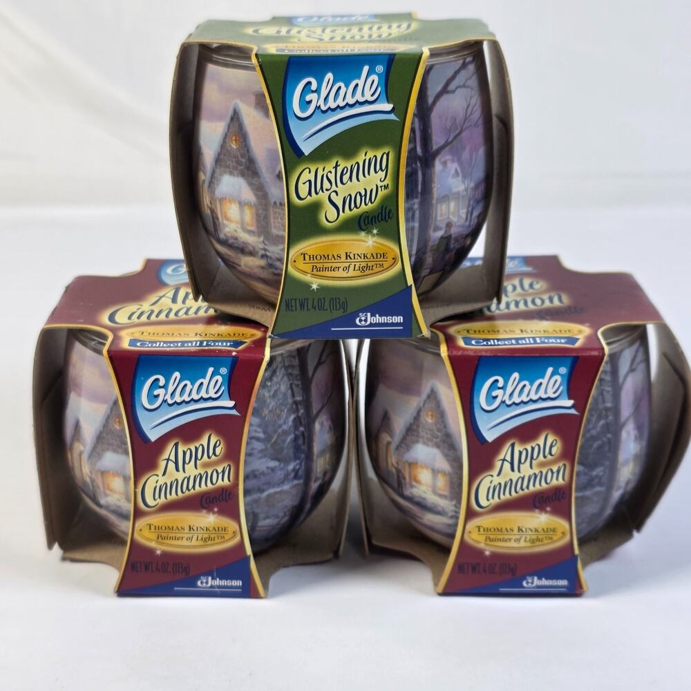 Vintage 2004 Glade Thomas Kinkade Candle Lot of 3 Apple Cinnamon Glistening Snow